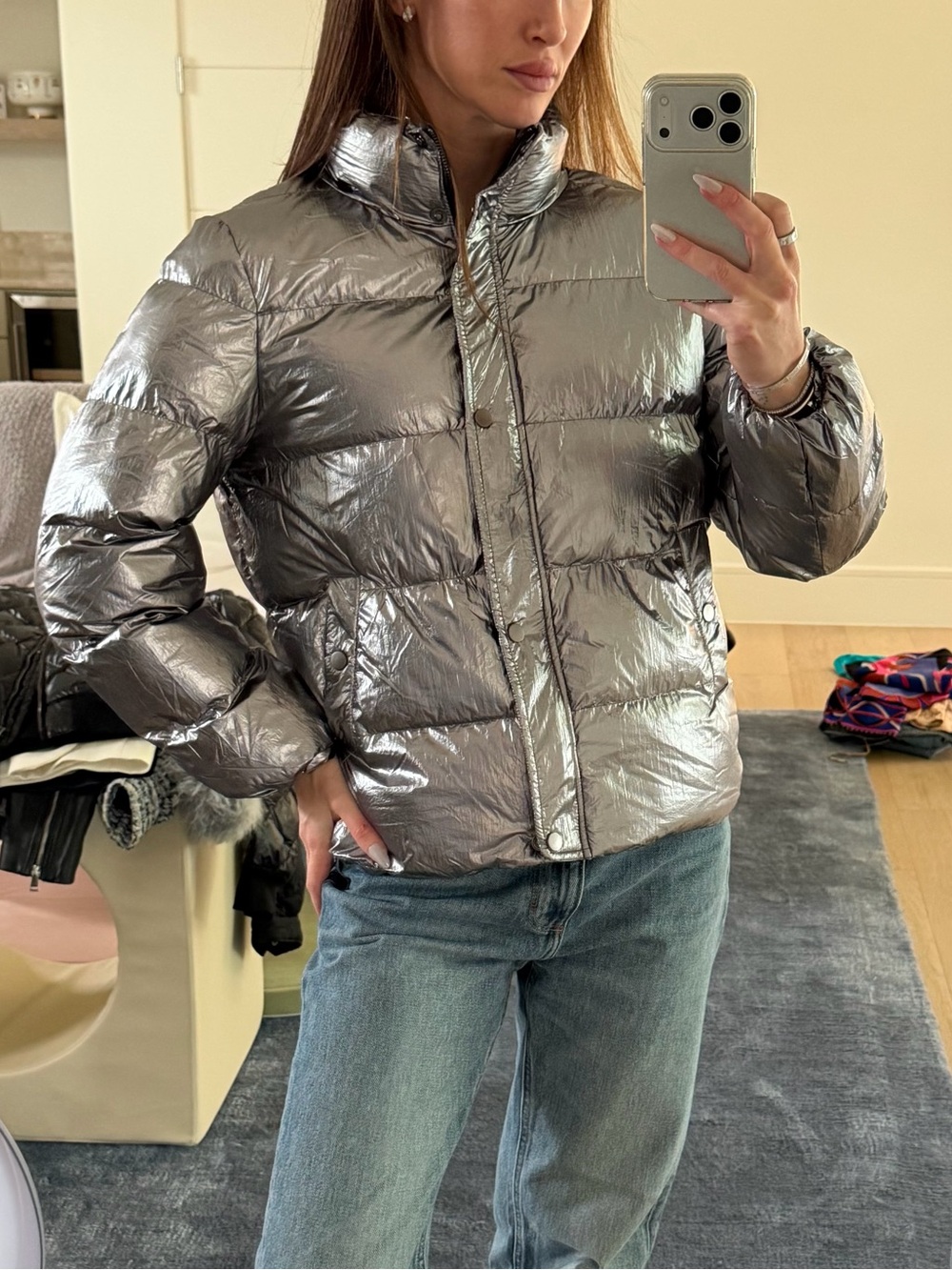 WhoWhatWear Metallic Silver Puffer Jacket